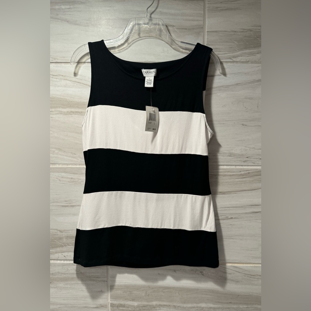 Women's Large NWT Black And White Carmen Marc Valvo Tank With Opening In Back